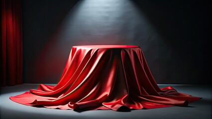 Elegant Exhibition Scene with Red Silk Cloth on Pedestal for Product Presentation