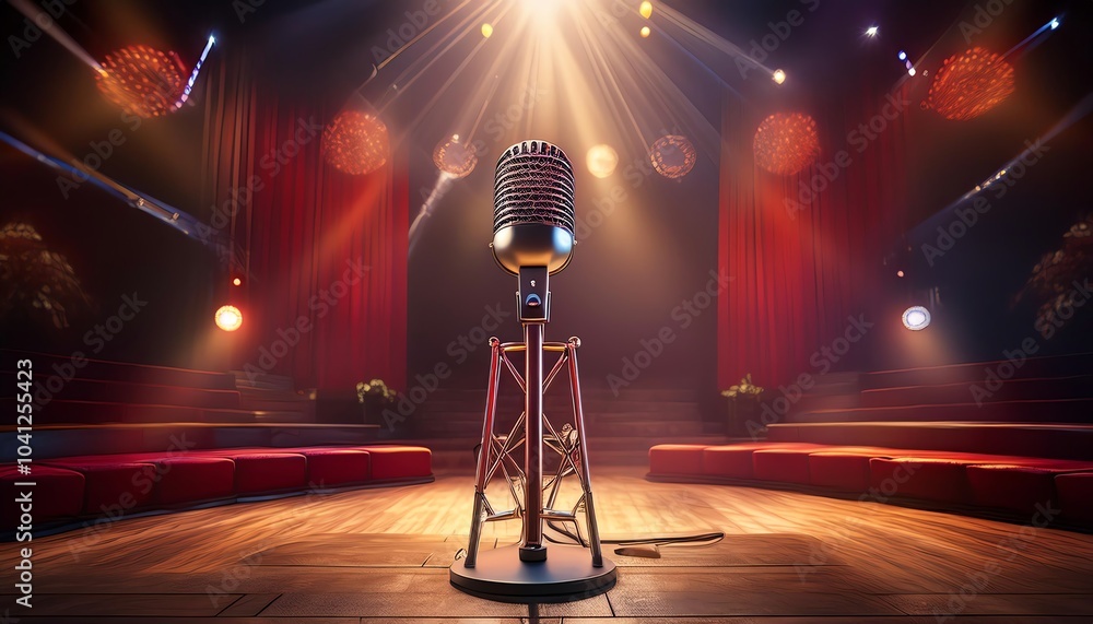 Poster a vintage microphone stands illuminated on a stage, surrounded by soft lighting and red curtains, cr