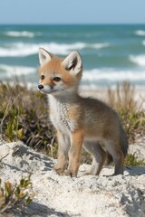 Fototapeta premium A Red Fox Kit Standing on a Sandy Beach with Ocean in Background