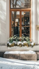 Minimalist storefront with a sunlit window and snowdrops symbolizing hope and spring s arrival