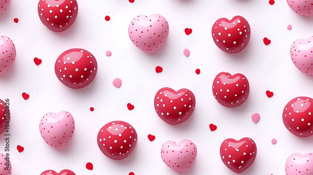 Poster Seamless pattern of pink and red polka dots with heart accents, realistic style, soft shadows on a white background, playful and cheerful feel, hd quality, high contrast, repeating arrangement.