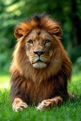 Fototapeta premium A Majestic Lion Resting in a Lush Green Meadow
