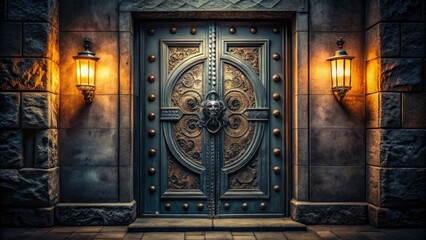 Elegant Metal Grey Door with Creative Design in Low Light Setting for Architectural Photography
