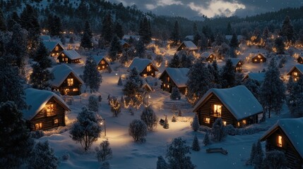 Fototapeta premium Cozy Winter Cabins Surrounded by Snowy Landscape
