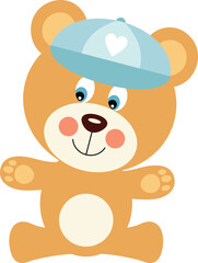 Baby boy teddy bear sitting with a blue hat on head
