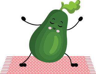 Cute avocado mascot character making gym on a mat