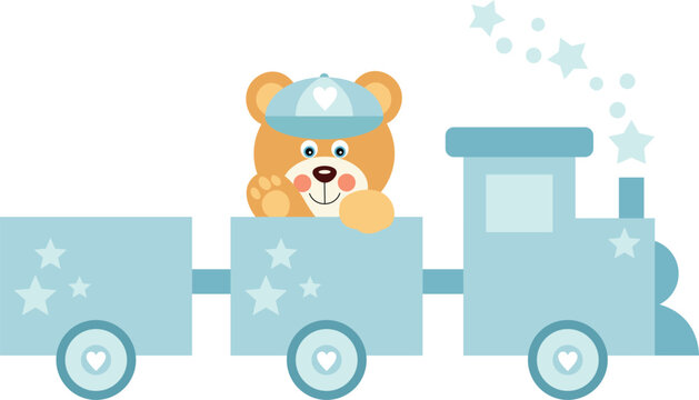 Cute baby boy teddy bear on blue toy train