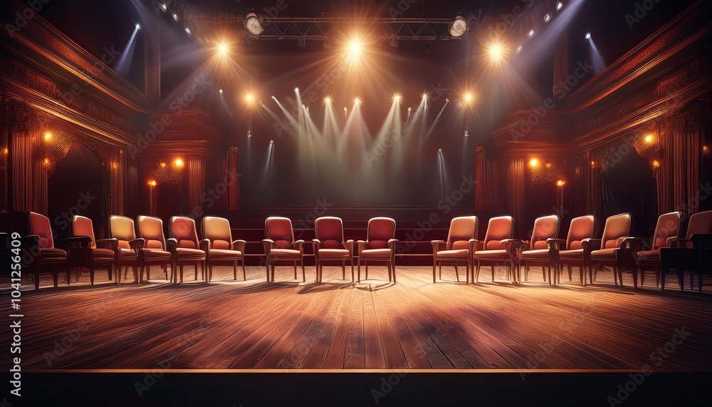 Poster an elegant stage with lit chairs arranged in a semi-circle, creating an inviting atmosphere for a pe
