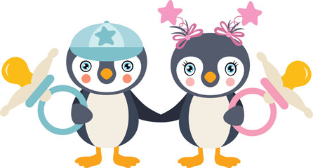 Fototapeta premium Pink and blue baby penguin holding a baby pacifier
