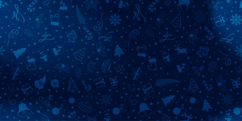 Elegant Seamless Christmas Pattern with doodles of christmas decoration and ornaments on blue background with white color gradation effect. Repeatable xmas pattern background. Vector.