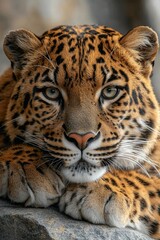 Obraz premium Close-up Portrait of a Leopard with its Paws Resting on a Rock