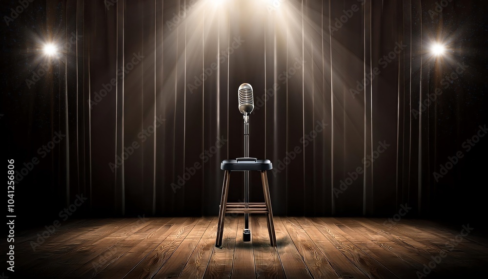 Poster a vintage microphone on a wooden stool, illuminated by a spotlight in a dark setting, creating an in