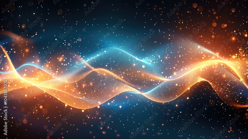Fototapete Abstract glowing particles forming dynamic waves of blue and orange, vibrant energy flowing in a cosmic-like scene, sparkling light points scattered throughout, soft gradient blending into background.