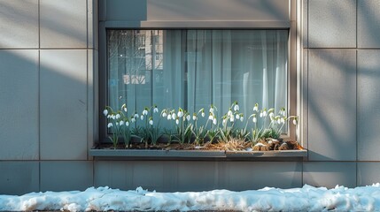 Contemporary storefront reflecting spring s arrival with snowdrops and a sunny march day