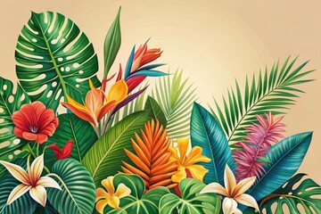 Elevate your home decor with stunning tropical botanical illustrations of Monstera and Hibiscus on a soft beige background, bringing a vibrant, exotic touch to design.