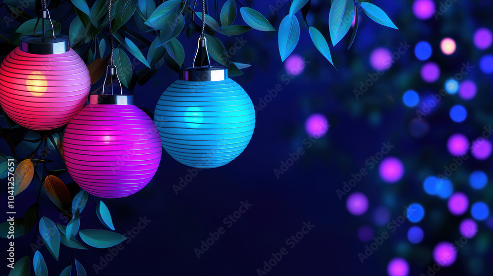 Poster a vibrant arrangement of colorful lanterns hangs among lush greenery, illuminating a dark background