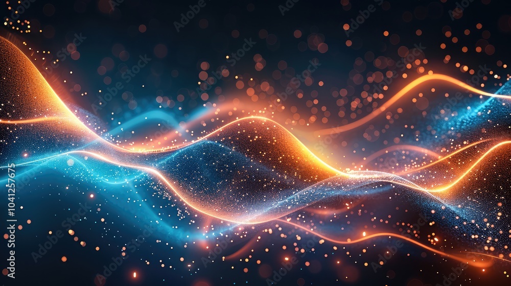 Fototapete abstract glowing particles forming dynamic waves of blue and orange, vibrant energy flowing in a cos