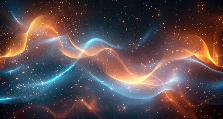 Abstract glowing particles forming dynamic waves of blue and orange, vibrant energy flowing in a cosmic-like scene, sparkling light points scattered throughout, soft gradient blending into background.