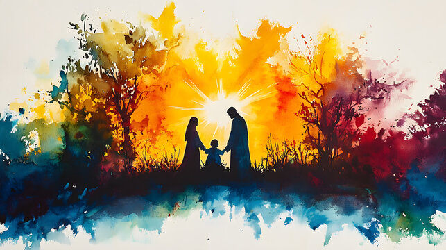 A vibrant watercolor rendering of the Nativity with bold splashes of color capturing the joy and reverence of the moment the figures of the Holy Family softly detailed in the center of the composition