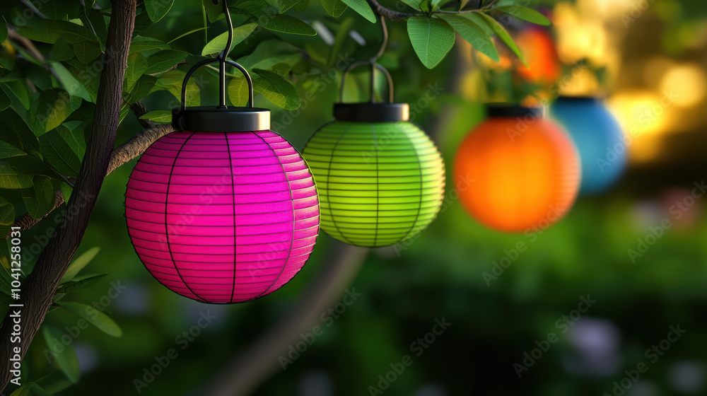 Poster colorful lanterns hang from a tree, illuminated by soft light, creating a festive and inviting atmos