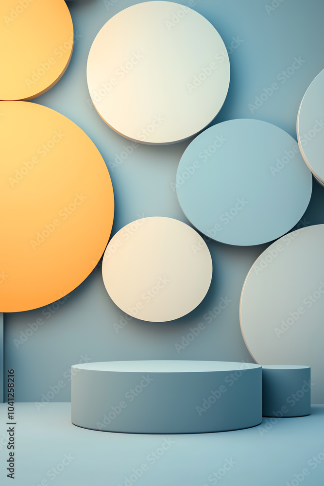 Poster abstract geometric composition featuring round forms in soft color palette for modern interior desig