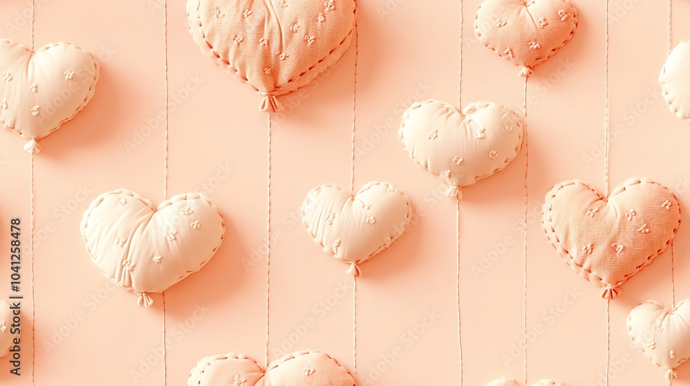 Poster Stitched pattern of heart-shaped balloons, fabric texture, embroidery style, pastel peach background, cozy and handmade feel, seamless repetition, hd quality, warm and inviting tones.