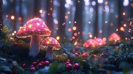 Enchanted Forest with Glowing Mushrooms and Magic Lights