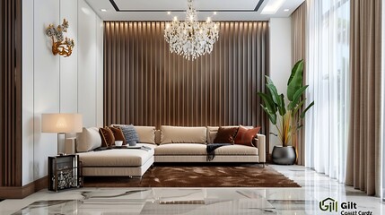 Wooden slat wall and beige sofa in a chic, spacious living room with modern decor