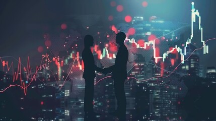 Obraz premium business man shaking hands with effect global network link connection and graph chart of stock market graphic diagram, digital technology, internet communication, teamwork, partnership concept