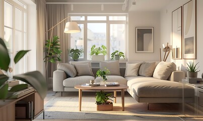 Fototapeta premium Clean, bright living room with minimalist furniture, including a sectional sofa and floor lamp