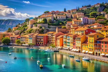Obraz premium Enchanting seaside vista of Villefranche sur Mer, French Riviera, brimming with vibrant hues and a peaceful atmosphere, inviting relaxation amidst stunning coastal scenery.
