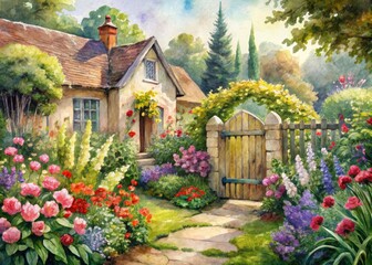 Fototapeta premium English Cottage Garden Watercolor Pathway - Vintage Style Photography
