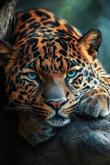 Obraz premium Close-up of a Leopard's Face with Blue Eyes and a Pink Nose