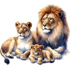 Obraz premium lion family digital painting watercolor oil painting drawing illustration, white background, lion male female baby