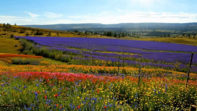 Late morning in Texas Hill Country, a panning video captures a field of bluebonnets under bright daylight, with a rustic fence adding depth.
