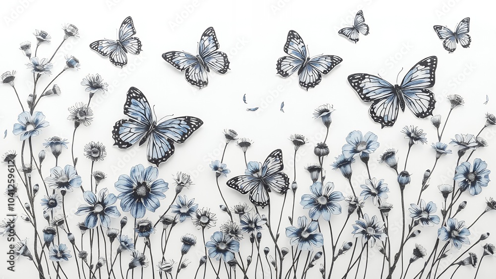 Wall mural Blue butterflies flutter among delicate flowers.