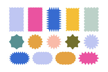 Set of zigzag and wavy edge stickers in rectangle, oval and circle shapes. Vector jagged geometric designs. Abstract elements perfect for frames, stamps, templates, promotional materials, web design