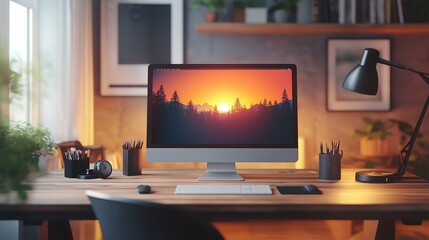 Modern and stylish home office with desktop computer and lamp. A perfect workspace for productivity and creativity