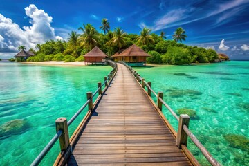 Obraz premium Escape to an exotic beach retreat, where wooden bridges connect gorgeous bungalows over vivid turquoise waters, offering breathtaking views and serene relaxation in a tropical paradise.