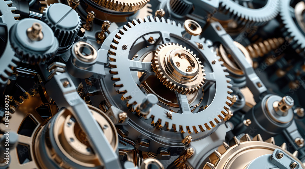Poster A mechanical workflow design with interconnected gears, conveyor belts.