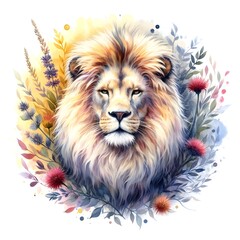 Fototapeta premium lion family digital painting watercolor oil painting drawing illustration, white background, lion male female baby