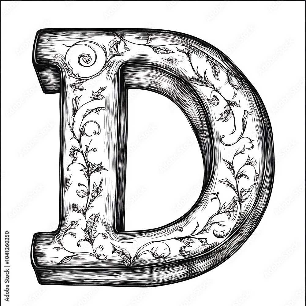 Poster letter d in a basic black outline on a white background designed for children to color and learn fro