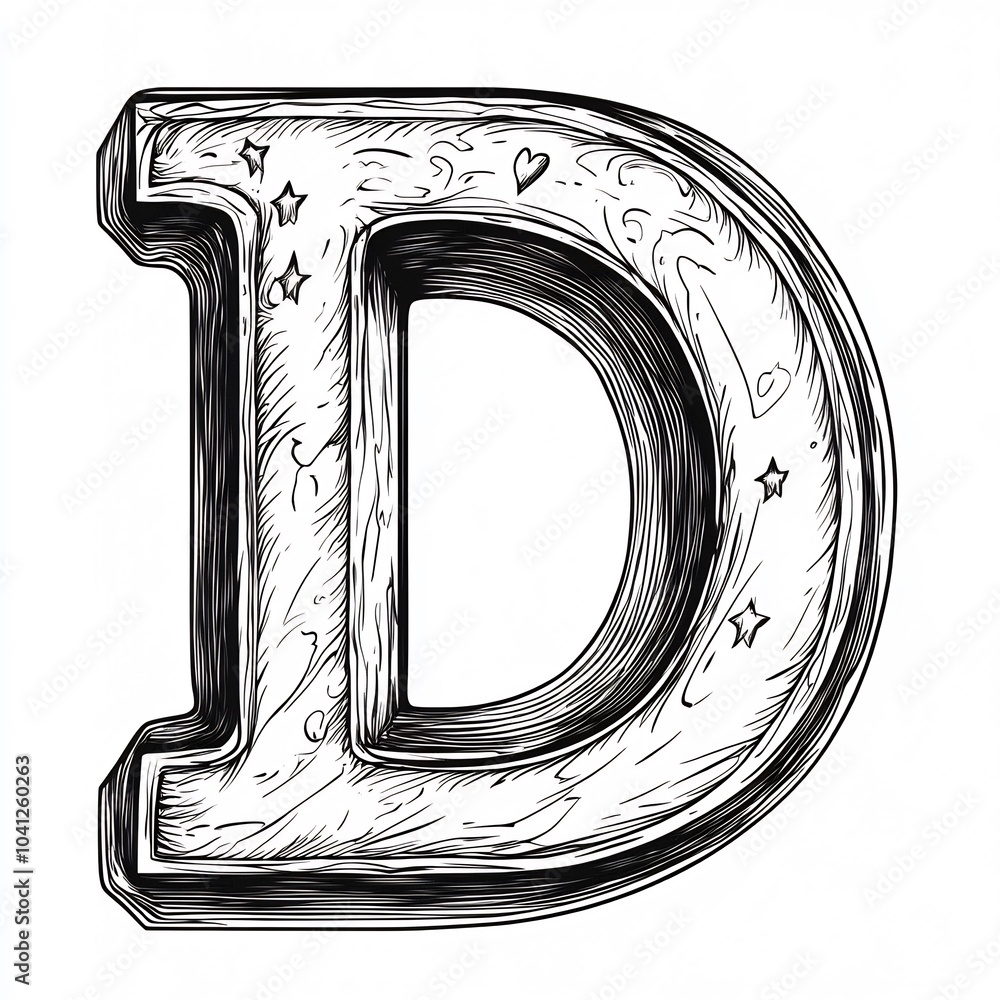 Poster letter d in a basic black outline on a white background designed for children to color and learn fro