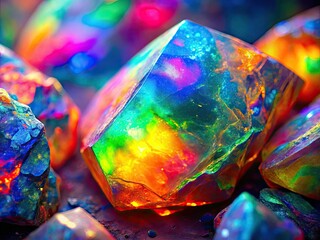 Experience a captivating abstract macro background showcasing iridescent opal stone in vivid rainbow hues, expertly generated using innovative AI technology to create a stunning visual masterpiece.