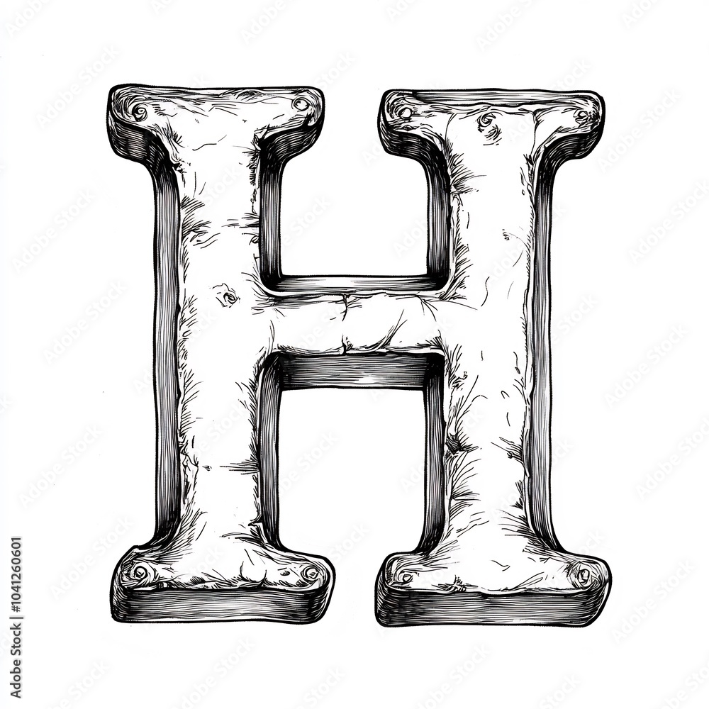 Poster letter h in a simple black outline on a white background handdrawn style ideal for kids to color and