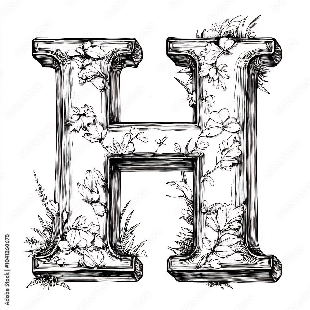 Poster letter h in a simple black outline on a white background handdrawn style ideal for kids to color and