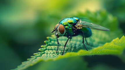 Fototapeta premium Portrait macro view a green fly insect perched on green leaf nature blur background