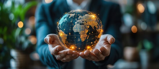Fototapeta premium Closeup of a person's hands holding a glowing digital globe, representing global connection.