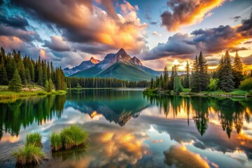 Fototapeta premium Experience breathtaking mountain landscapes at sunset, enhanced by long exposure photography, revealing mesmerizing scenic views that inspire a deep connection with nature's grandeur.