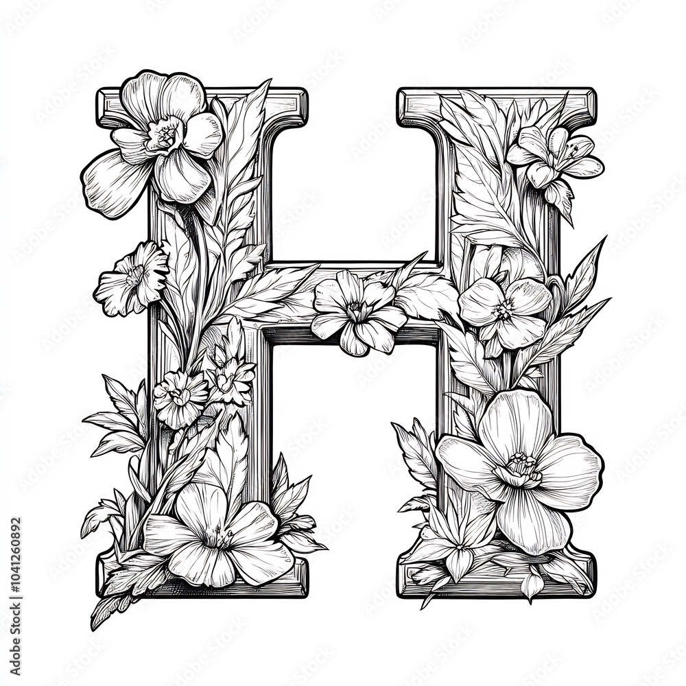 Poster letter h in a simple black outline on a white background handdrawn style ideal for kids to color and